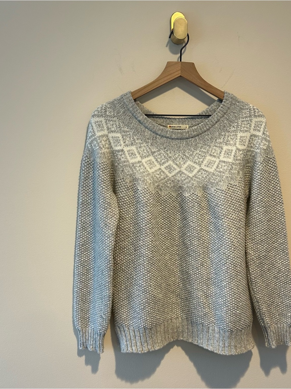 Marine Layer Women’s Sweater Fair Isle Light Gray and White Patterned Crewneck